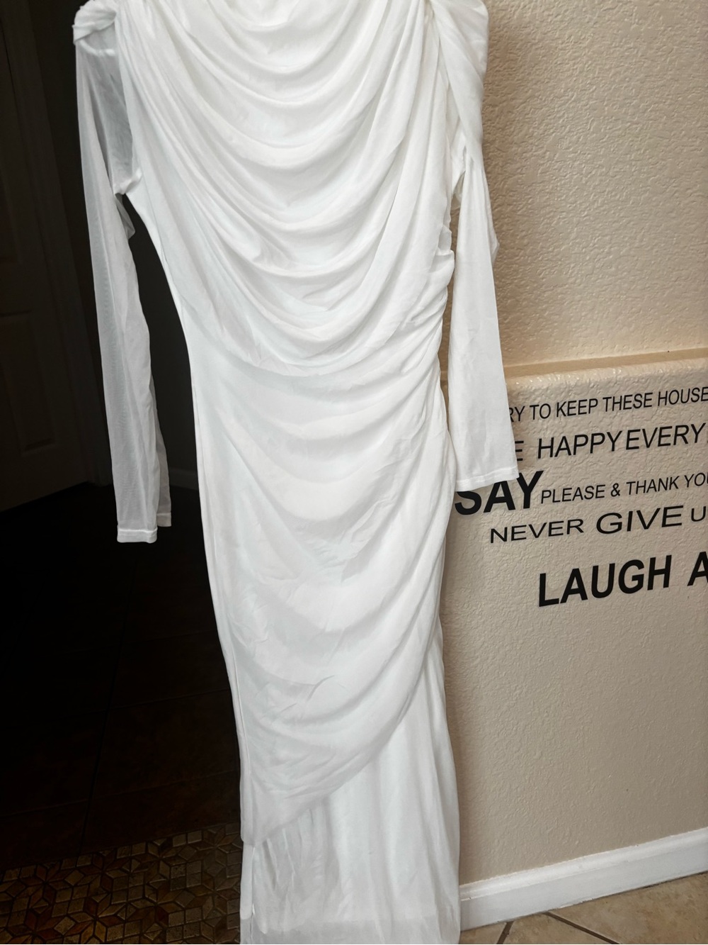 Elegant White Long-Sleeve Draped Maxi Dress